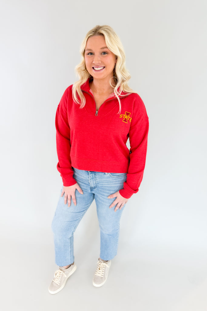 Stay game day ready in this cozy in this Iowa State Red Halftime Quarter Zip, featuring an ultra-soft lining and medium weight fabric! A great look for game days and for Cyclones alumni alike, you will be reaching for this favorite red quarter zip again and again.