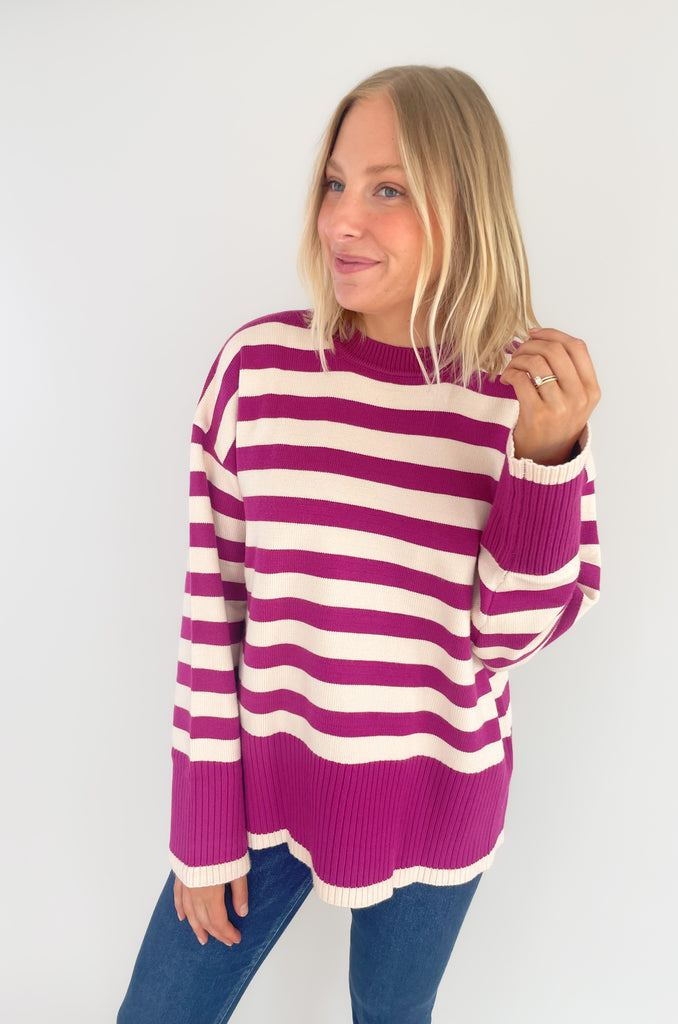 Stay cozy and stylish in this Oversized Stripe Print Crewneck Sweater! Featuring an eye-catching pink and ivory or navy and ivory striped print, it will be a favorite for fall. Color isn't going anywhere, so we love that this style embraces it. This sweater has large ribbed hem and cuff sleeves for extra warmth. 
