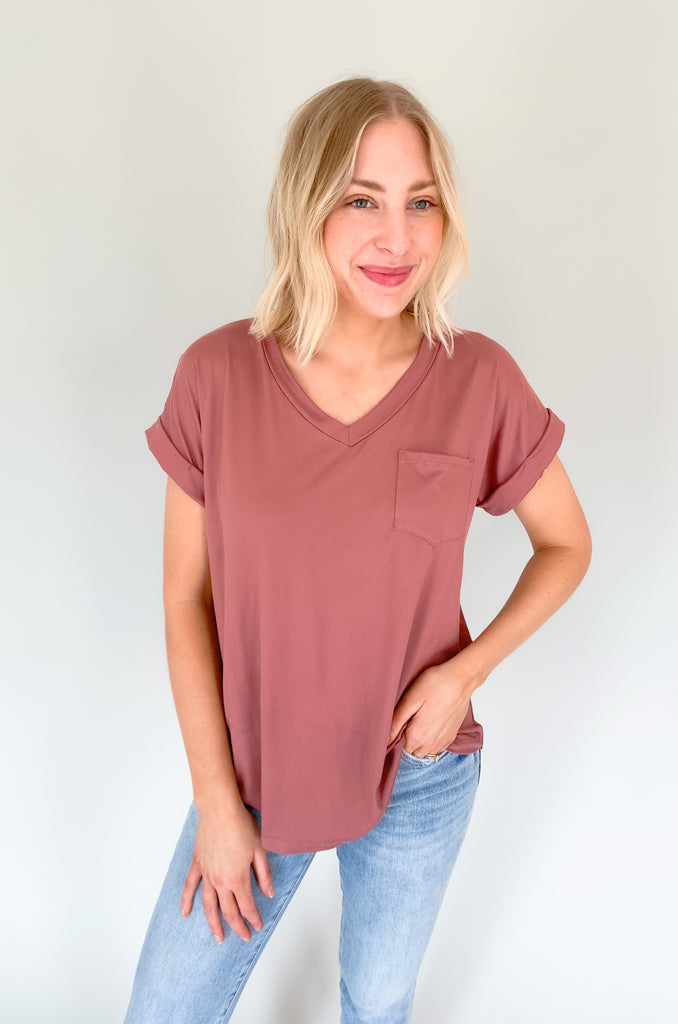 ultra soft short cuffed sleeve v neck pocket tee with stretchy fabric. Available in several colors. 